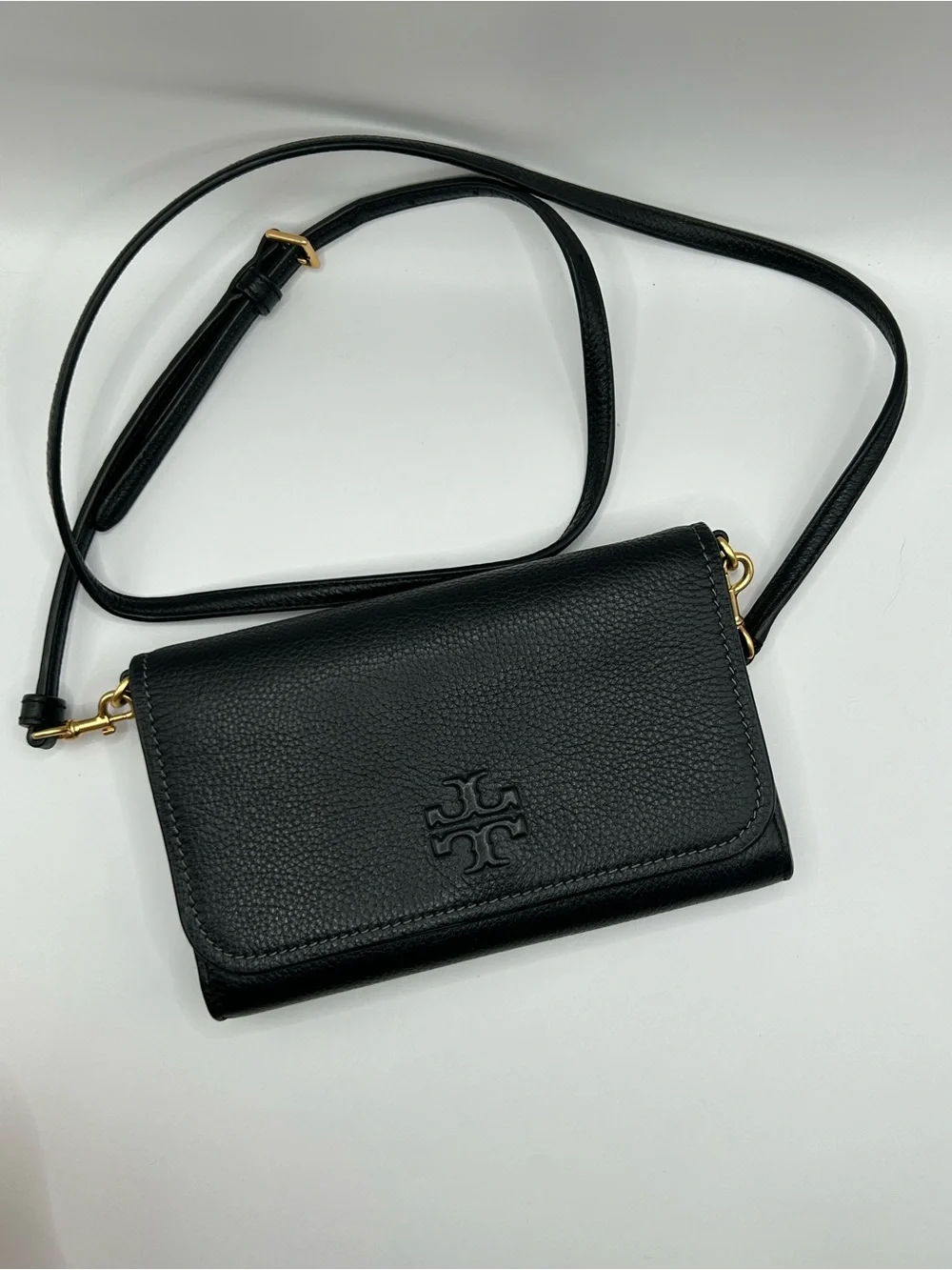 Tory Burch Black Thea Pebbled Leather Crossbody Wallet
